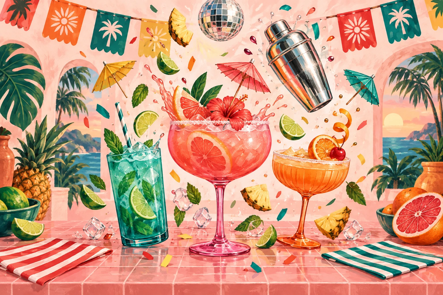 A joyful illustrated cantina with colorful citrus drinks, a flying shaker, paper parasols, and a disco ball over pink tile